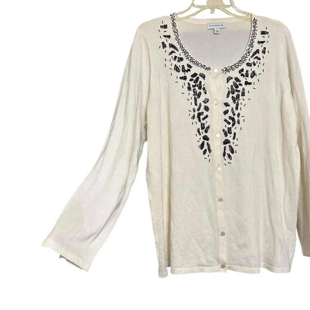 Susan Graver Ivory White Black Beaded Cardigan Sweater Button‎ Down 1X